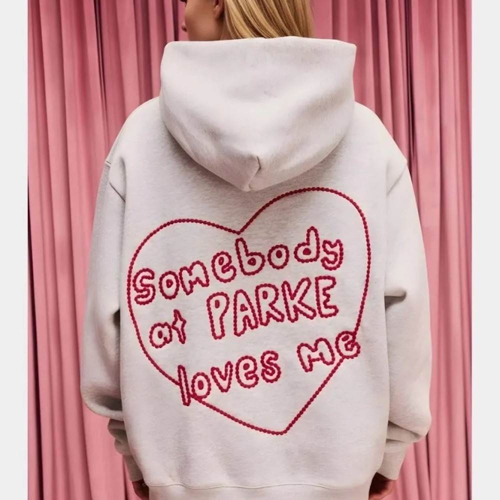 White Hoodie with Red Heart Script Back Graphic